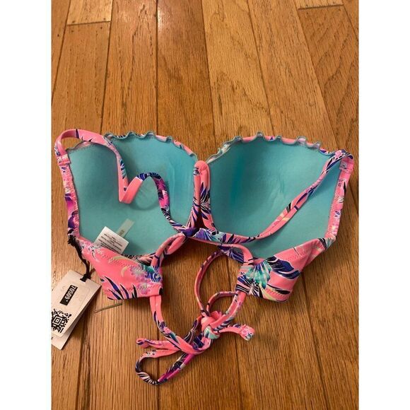 NWT Shade Shore womens Tropical Print pink strappy back Bikini Top size 32DD - Picture 3 of 6